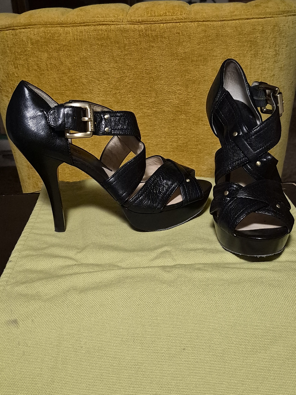 Michael Kors Black Leather Crisscross Platform Sandals with Gold Buckle